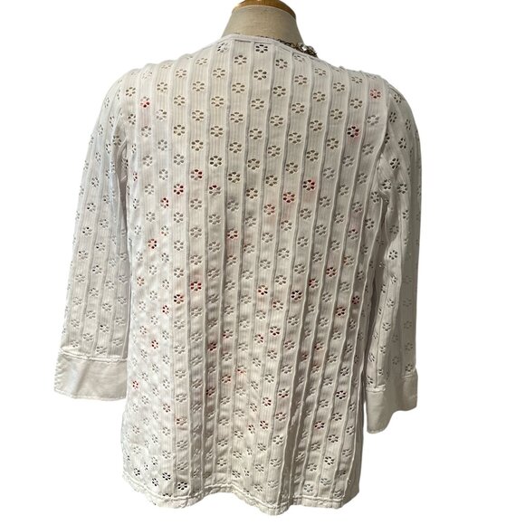 MELANIE LYNE Cardigan Size Medium Eyelet Flower Shaped Cutouts Button Down - Picture 5 of 10